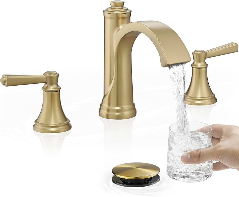 Brass Bathroom Waterfall Faucet, 4-16 Inch Brushed Gold Bathroom Faucet Widespread Bathroom Sink Faucet, 2 Handles Bathroom Faucets for Sink 3 Hole with Pop Up Drain, Water Hoses