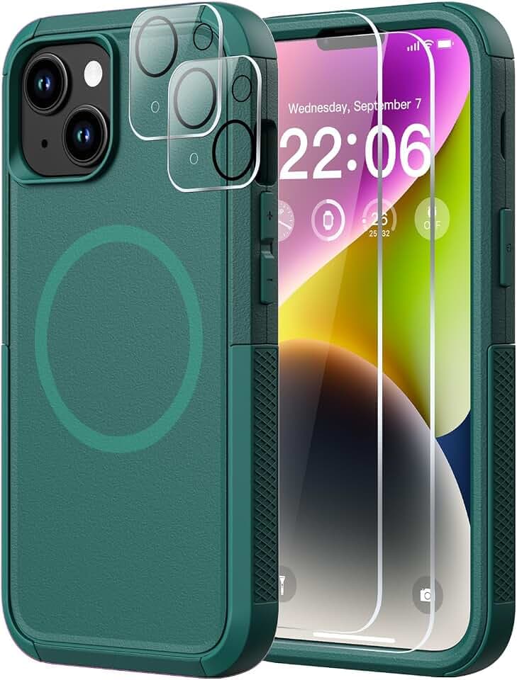 Diverbox for iPhone 14 Case [Compatible with MagSafe] [with Screen Protector ] [Shockproof] [Dropproof] Heavy Duty Protection Phone Case for Apple i Phone 14 (Dark Green)