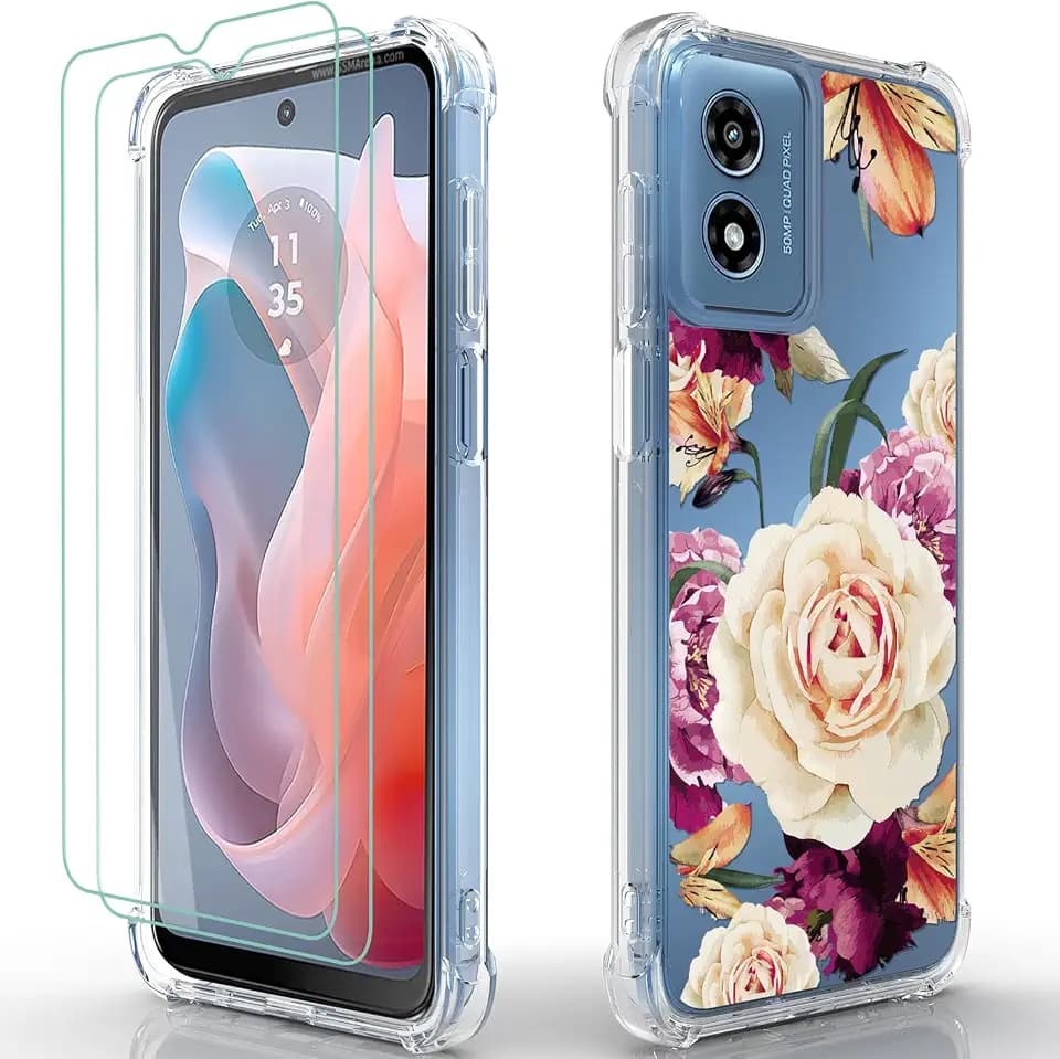 for Moto G Play 2024 Case: Women Girls Flower Floral with Screen Protector Flexible TPU Rubber Phone Cover Case for Motorola Moto G Play 2024(Purple Flower)