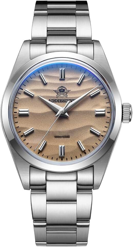 ADDIEDIVE 36mm Einfache Quarzuhr Analoguhren für Herren Blasenspiegelglas Wüste Edelstahlarmband AD2030