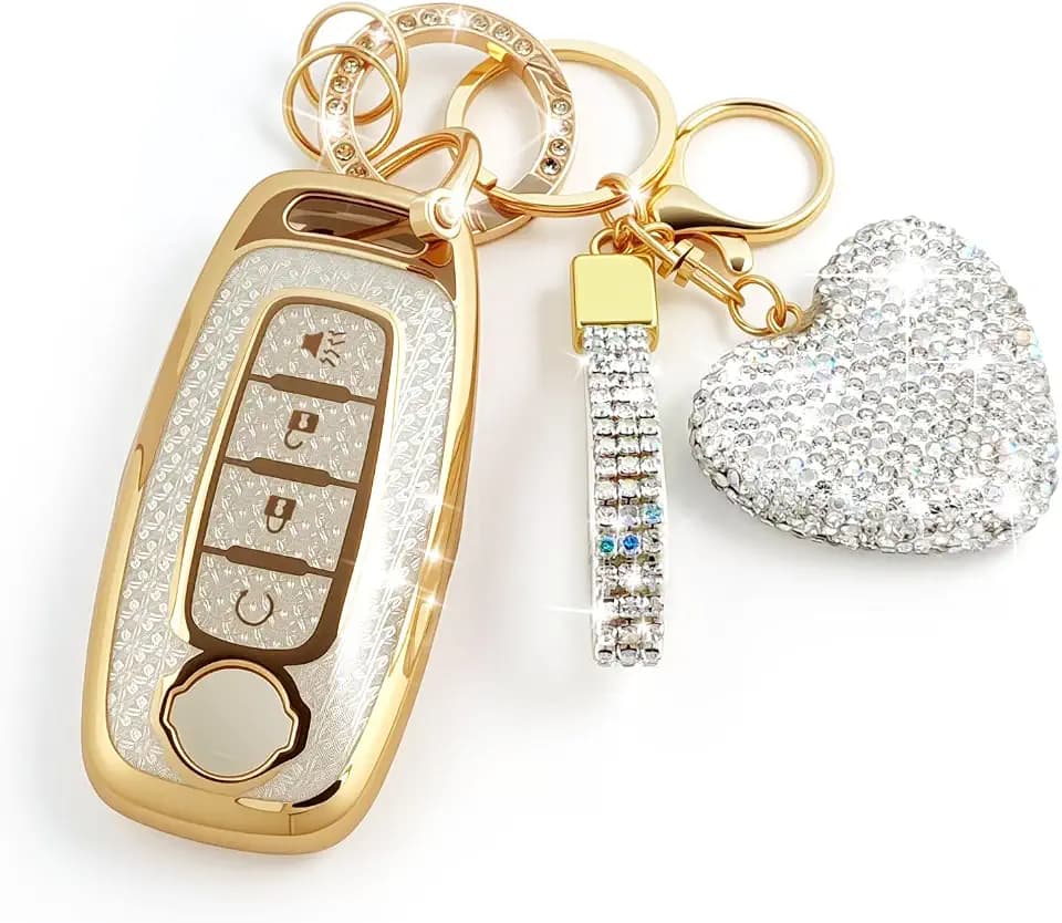 4 Button Key Fob Cover with Diamond, Compatible with Nissan Rogue Pathfinder Versa Kicks Ariya Sentra etc, Sparkling TPU Key Case and Bling Heart Decoration for Women, A-Style (White)