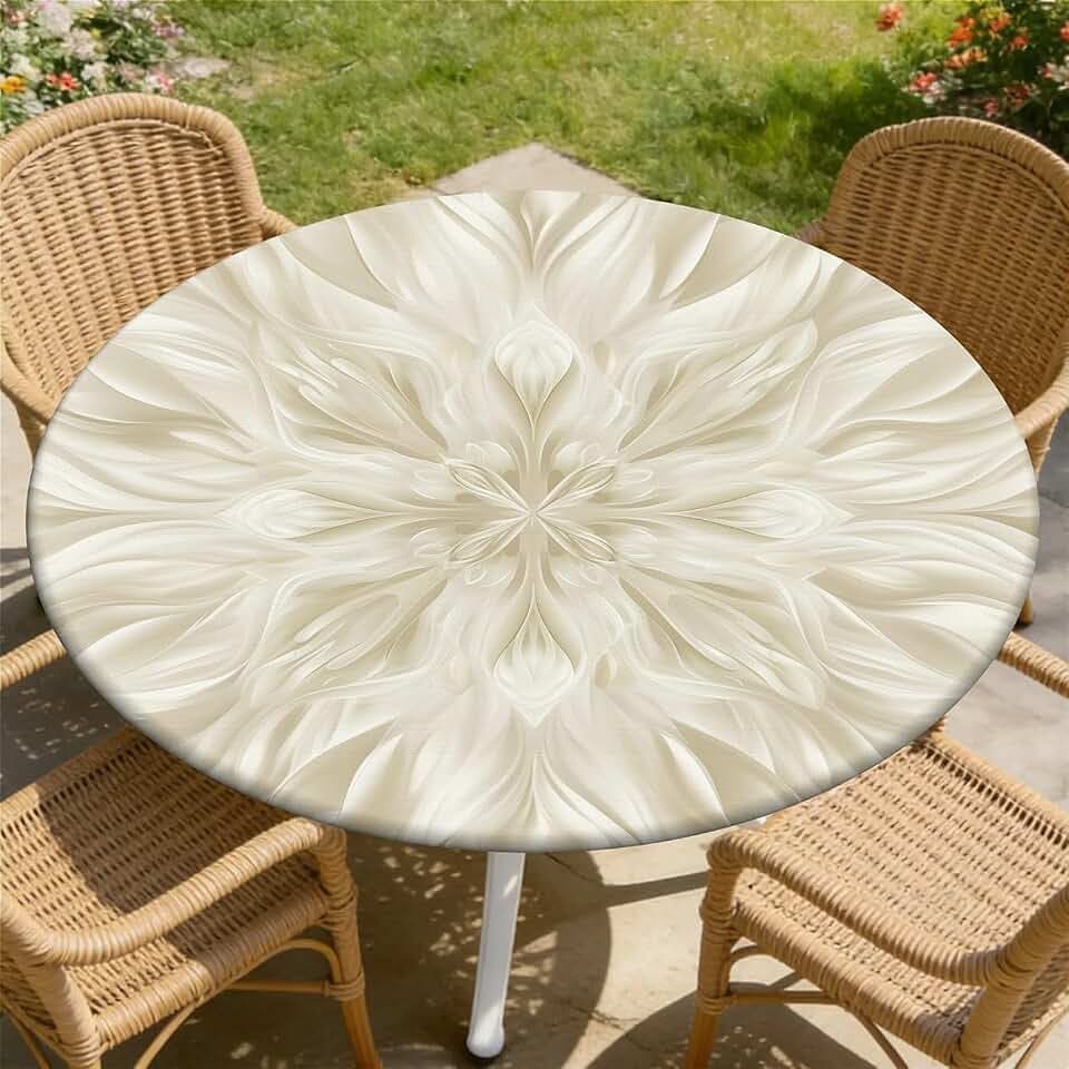 Round Fitted Tablecloth with Elastic Edge, Stain Resistant Waterproof Fabric Table Cover for 37"-44" Round Table, Indoor Outdoor Dining, Kitchen Decor, Camping, Holiday, Party, Petal Flow