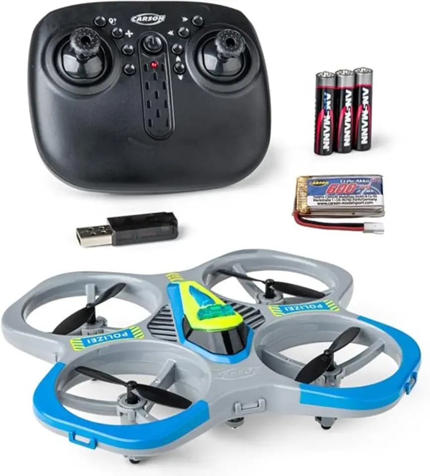 Carson Cyber Drone Polizei 2.4G 100% RTF - 100% flugfertig, Ferngesteuer; RC, inkl. Batterien und Fernsteuerung, Quadcopter für Kinder, Spielzeug,Grau