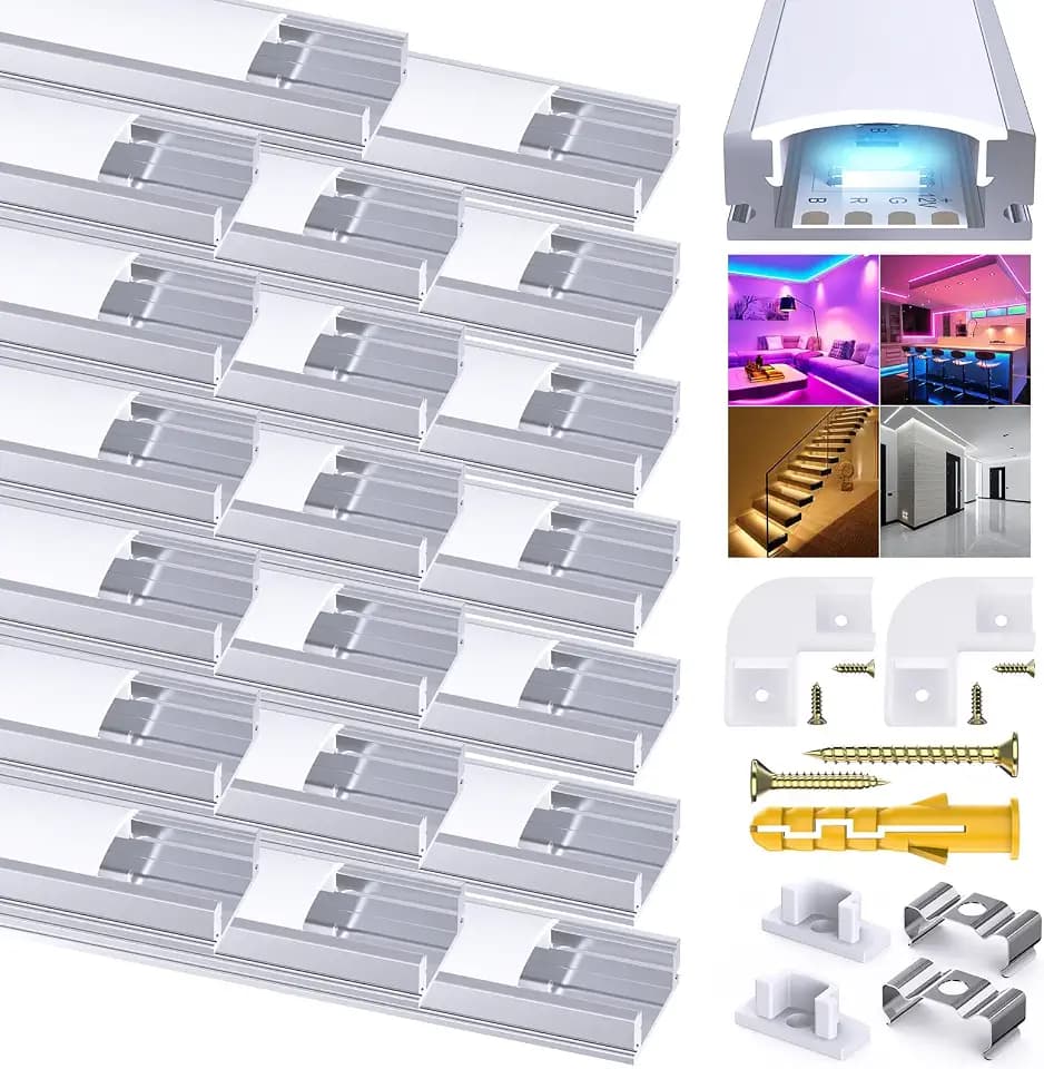 LED Aluminium Kanal U Form für 12mm Led Streifen, 20X1m Stripes Schiene Eckprofil Strip Aluprofil Stripe Diffusor Alu Profil Leiste Profil mit Milchig Weißer Abdeckung und 90 Grad Eckverbindern
