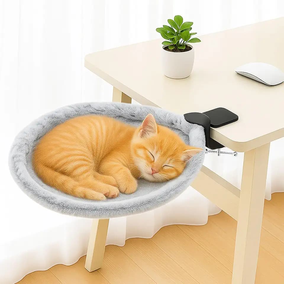 Katzenbett für Schreibtisch - 360° drehbar & höhenverstellbar Katzenkorb, Abnehmbarer tragbarer Katzenbettständer, weiches Katzenhängematte für Home Office (Grau)