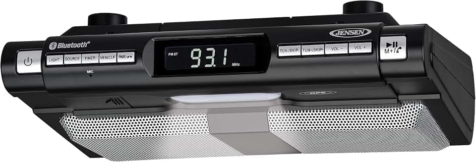 Jensen® Under Cabinet Kitchen Bluetooth Home Music System - Clock FM Radio - Includes Mounting Hardware - Black Edition