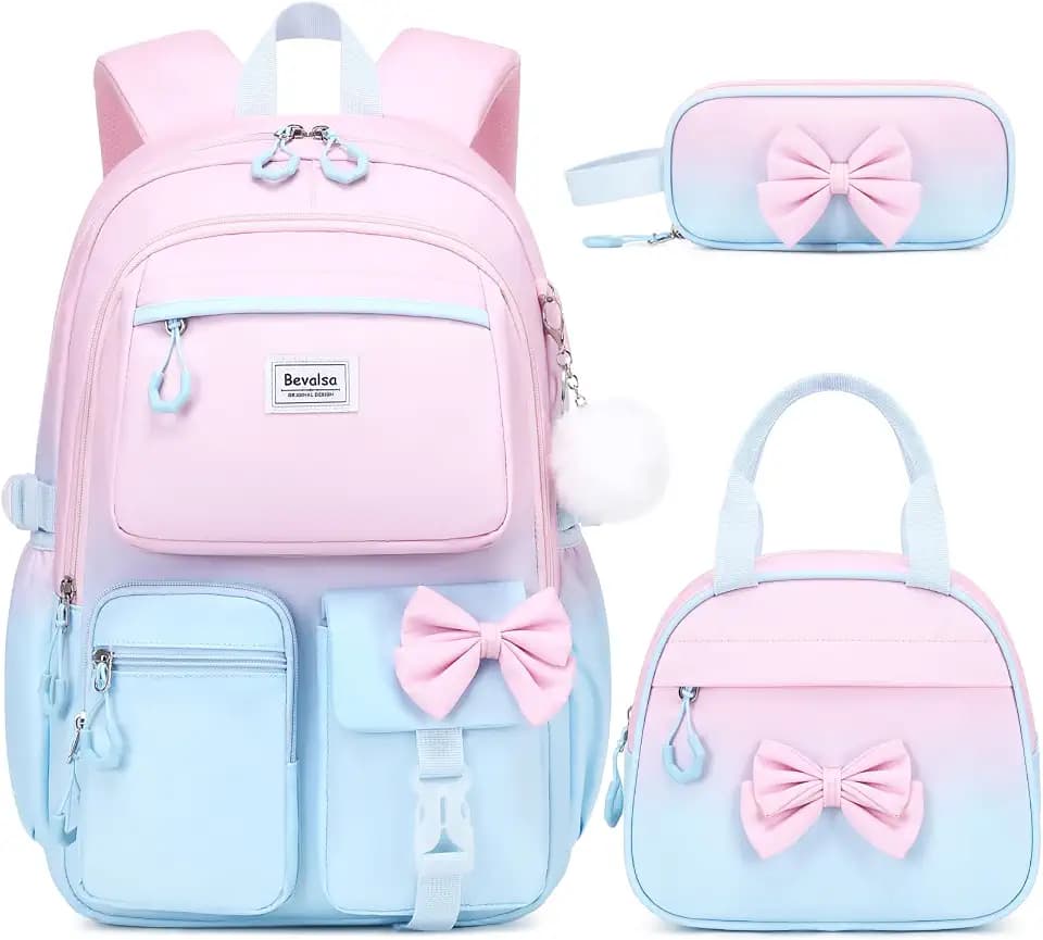 Bevalsa Backpack for Girls, Cute Bow School Bags with Lunch Bag & Pen Case