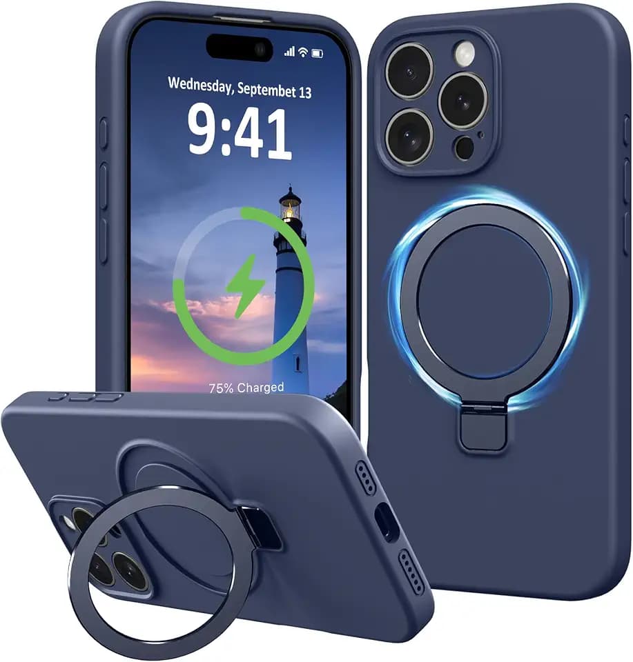 for iPhone 16 Pro Max Case Liquid Silicone with Stand, Dark Blue