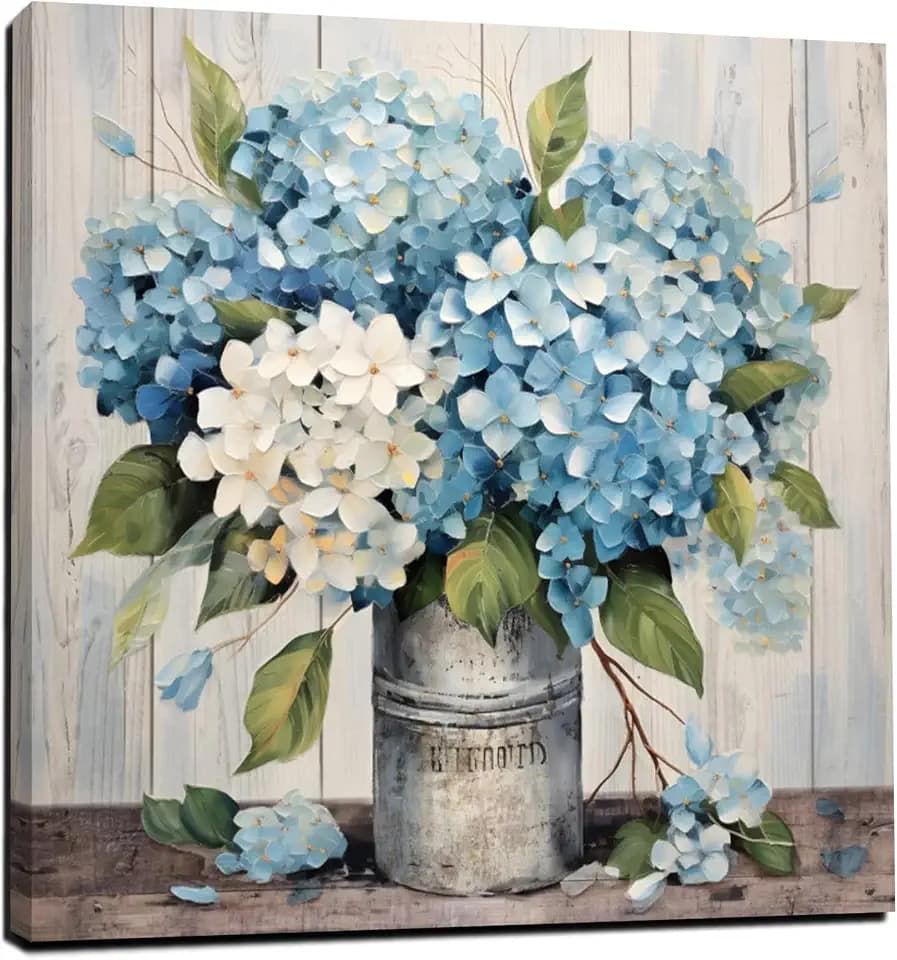LAIART Blue Floral Wall Art Farmhouse Wall Decor Canvas Picture Print for Bathroom Bedroom Living Room Dining Room