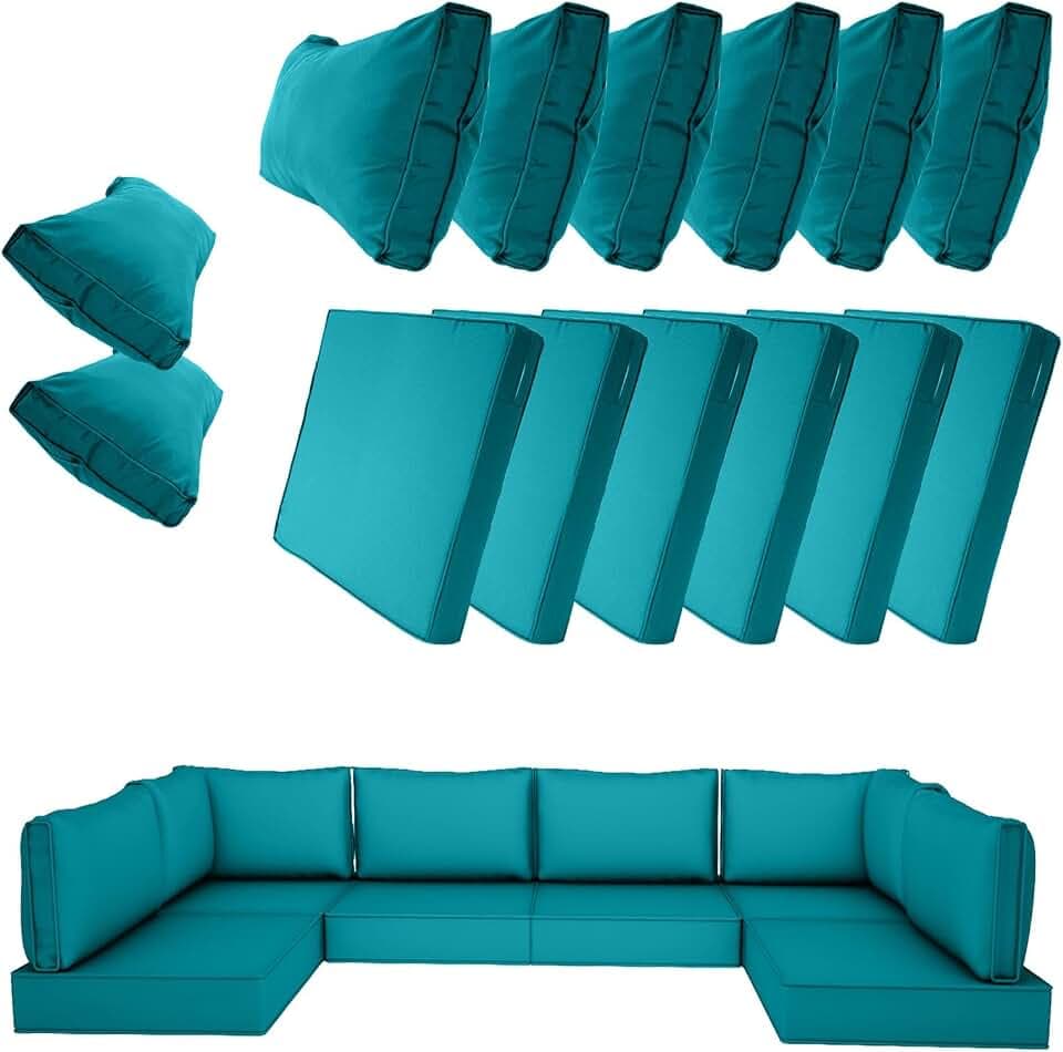 14 Piece Outdoor Patio Cushion Cover Replacement, Waterproof Patio Cushion Covers, Outdoor Furniture Cushion Covers Set for 6 Seat Wicker Rattan Sofa (Turquoise)