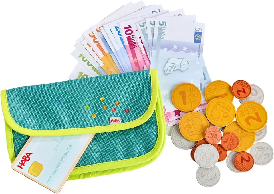 HABA Creative Play Spielgeld-Set – Geldbeutel für Kinder mit Holzmünzen, Geldscheinen & Spielgeld – Fördert Zahlverständnis & Rollenspiel – ab 3 Jahren – 2011830001