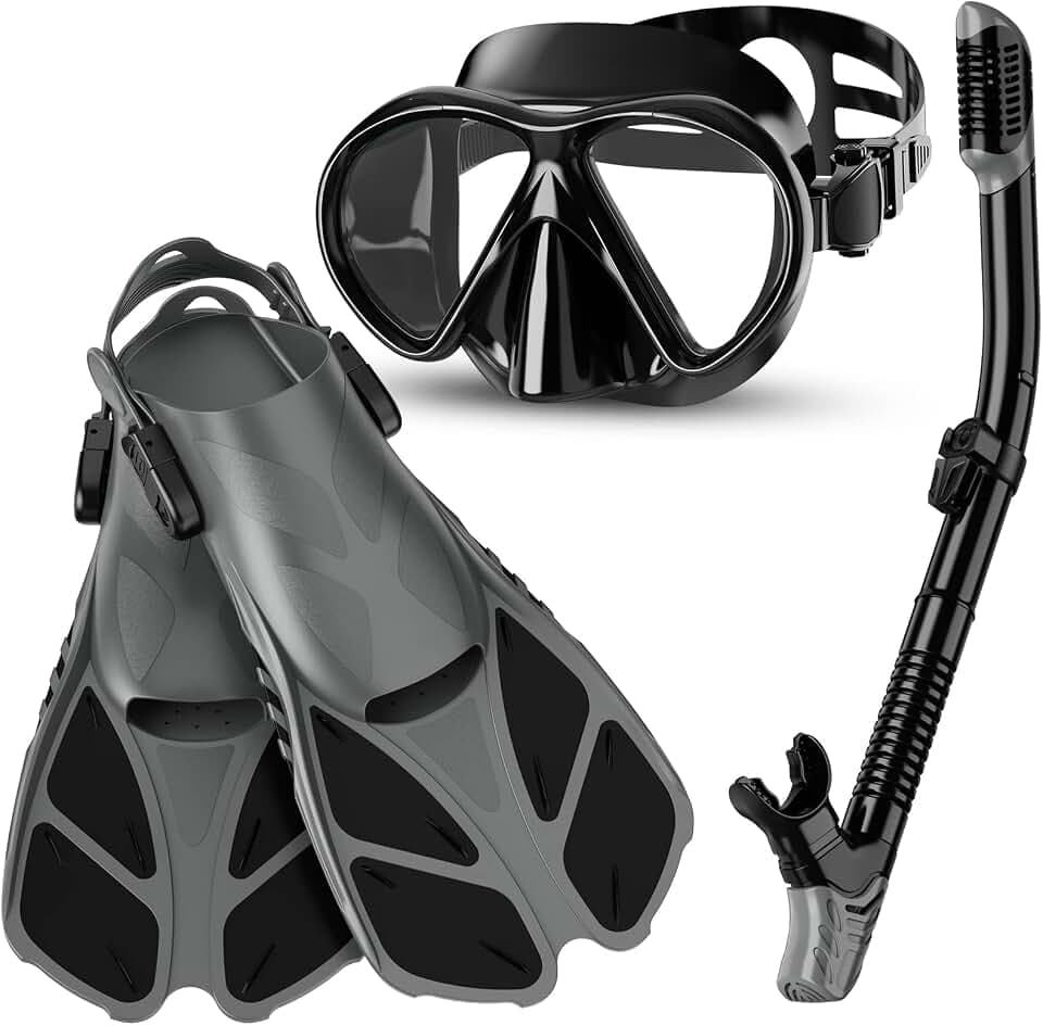 Schnorchelset - Taucherbrille mit Schnorchel und Flossen für Erwachsene, Herren und Damen - Tauchset 3er Set zum Tauchen und Schnorcheln