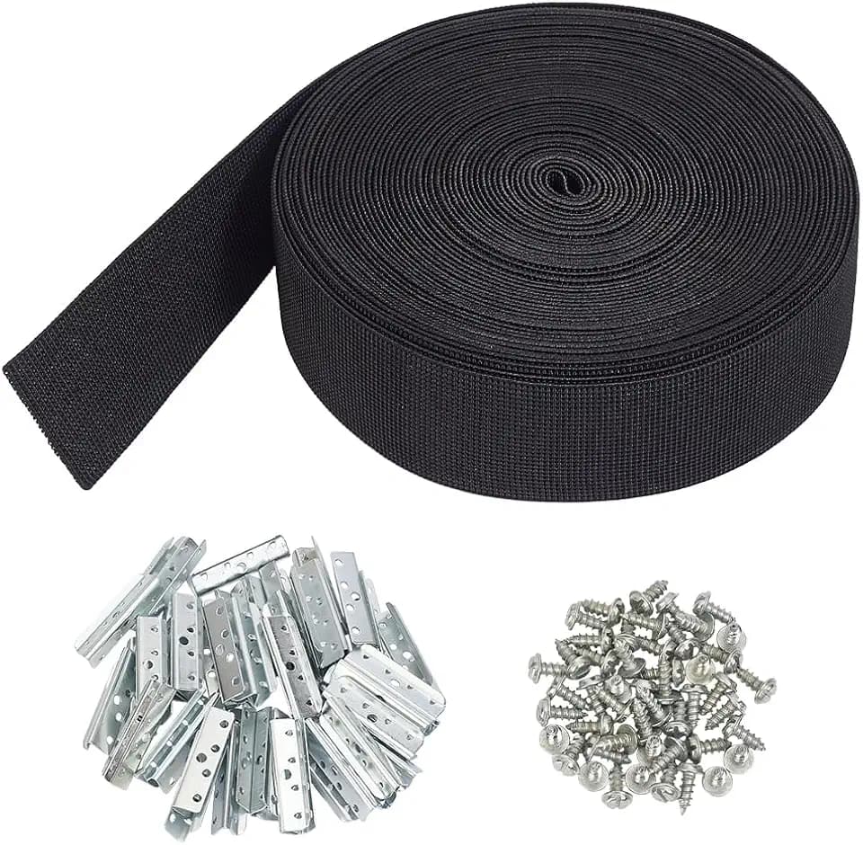 MAYJOYDIY 49Ft Black Chair Replacement Webbing 2 Inch Upholstery Webbing Straps Elastic Sagging Chair Support Band with Metal Triangles & Screws for Couch Patio Furniture Sofa Repair