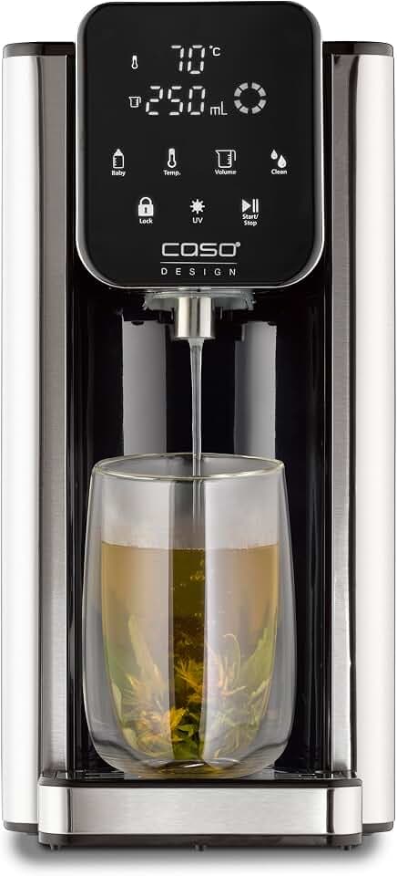 CASO HW 666 INOX UV - Heißwasserspender mit UV-Technologie, hygienische Wasserreinigung für Babynahrung, 40-100°C, 2600 Watt, 2,7 Liter, energiesparend, Heizelement aus Edelstahl, mit Wasserfilter