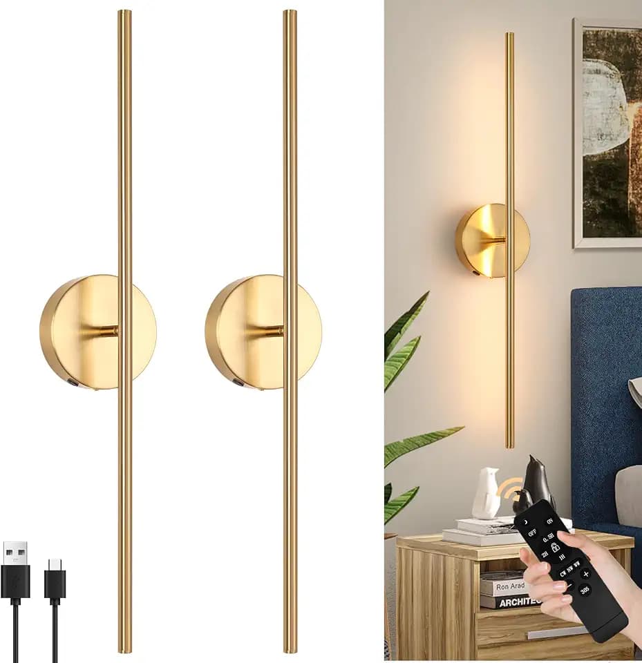 Akku Wandleuchte mit Fernbedienung innen, USB-C 10000mAh Dimmbar Touch Kabellose Wandleuchten, Gold Wandleuchte ohne Stromanschluss, Geeignet für Wohnzimmer, Schlafzimmer 70CM 2-Stück