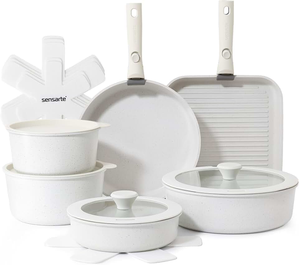 SENSARTE 17 Piece Nonstick Detachable Handle Pots and Pans Set White