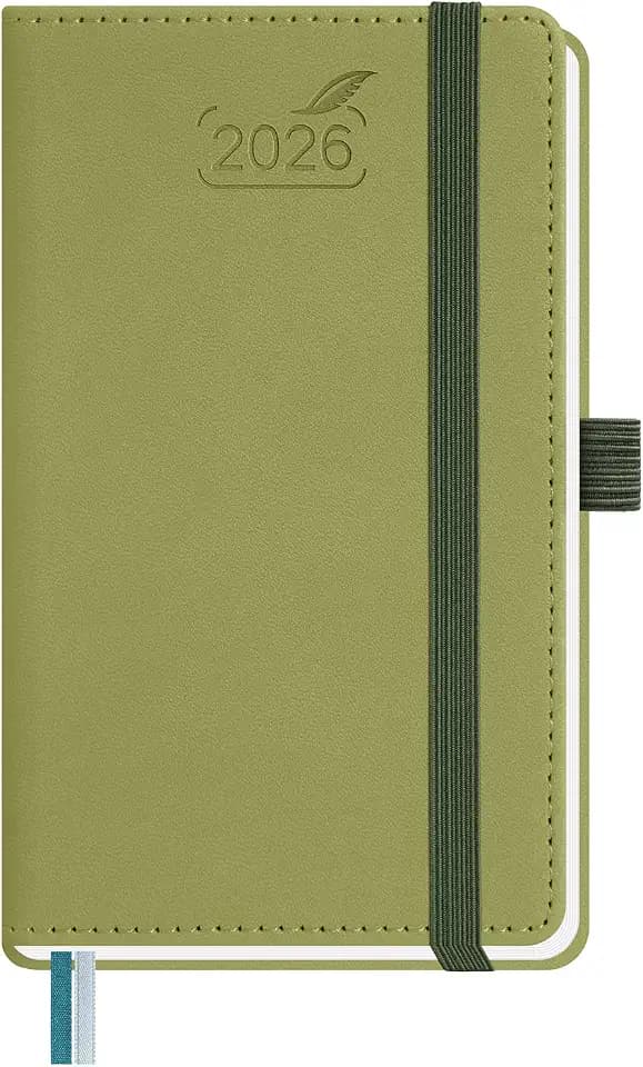 BEZEND Taschenkalender 2026 Klein 15,5 x 9 cm | Kalender 2026 Buchkalender 1 Woche 2 Seiten | Terminplaner 2026 Wochenplaner A6 mit Stiftschlaufe & PU-Leder Hardcover - Kiwi