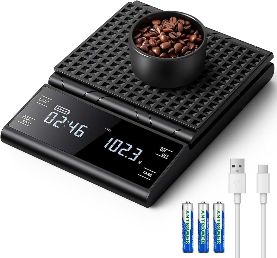Digital Kaffeewaage Mit Timer, wiederaufladbare Espresso Waage 5 kg/0,1 g Präzisionswaage für Espresso und Pour-Over, Küchenwaage digitale mit Premium LCD Display automatischer für Schmuck