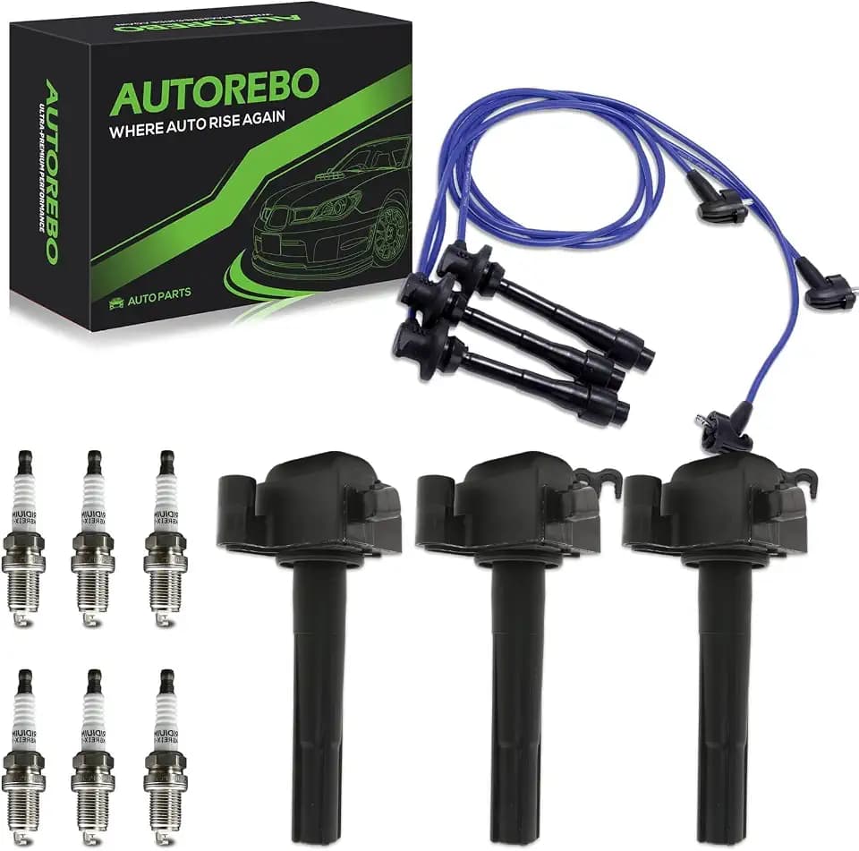 Set of 3 Ignition Coils Pack UF155 88921336 & 6 Iridium Spark Plugs and Spark plug Wire Set Compatible with Toyota Lexus 1996-2001 Camry Sienna Avalon Solara ES300 V6 3.0L # 90919-02215 9008019012