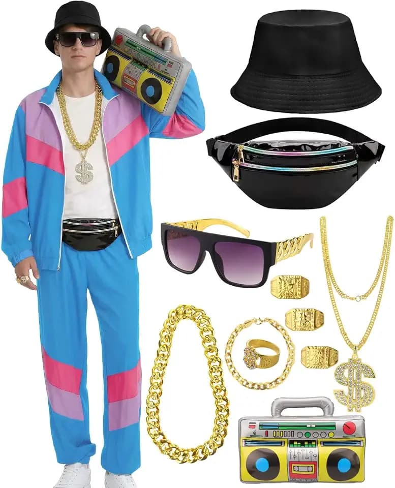 VillbeCoser 80s Outfit for Men, 90s Tracksuit Costume with Accessories Set