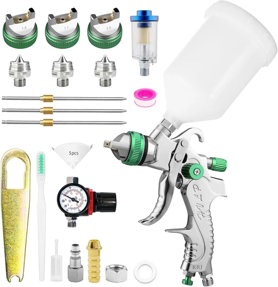 RRJ HVLP Lackierpistole Spritzpistole Kit mit 1,4/1,7/2,0mm, Profi Lackierpistole Druckluft Schwerkraft Sprühgeräte Farbpistole mit 600 ml Plastikbecher Mit Luftdruckregler (Grün)