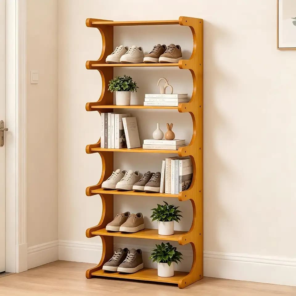 Vertikales Schuhregal aus Holz, 7 Ebenen, 104,1 cm hoch, E-förmig, mehrlagig, Massivholz, für Eingangsbereich, freistehend, Schuh-Organizer für schmalen Schrank, Flur, Ecke und kleinen Raum