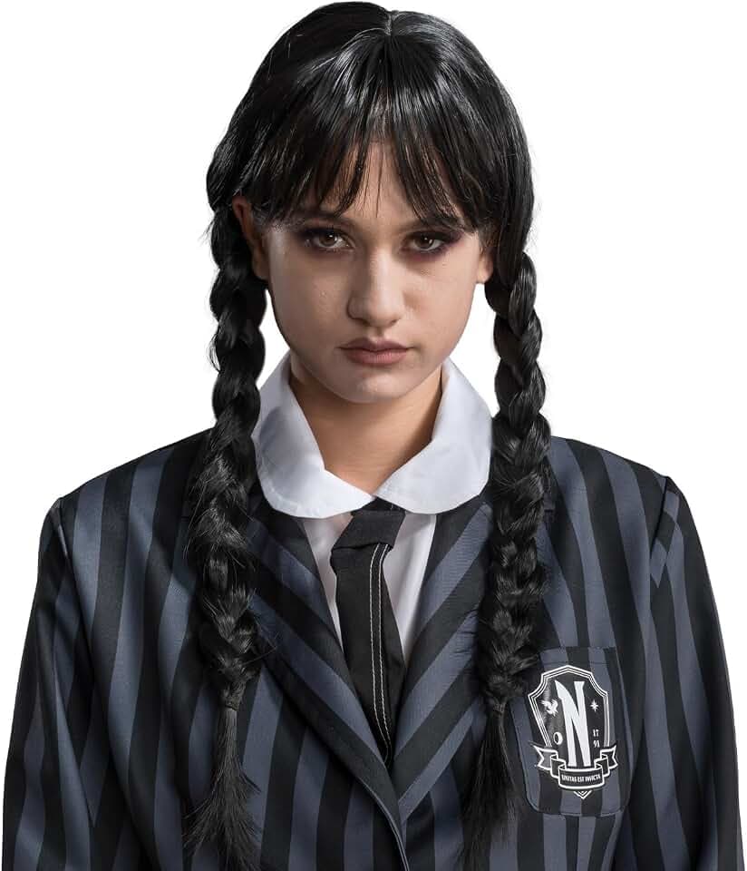 Chaks - Wednesday Addams Perücke Mädchen, offizielles Wednesday Kostüm Accessoire, Schwarz, Zöpfe und Pony, Halloween und Karneval