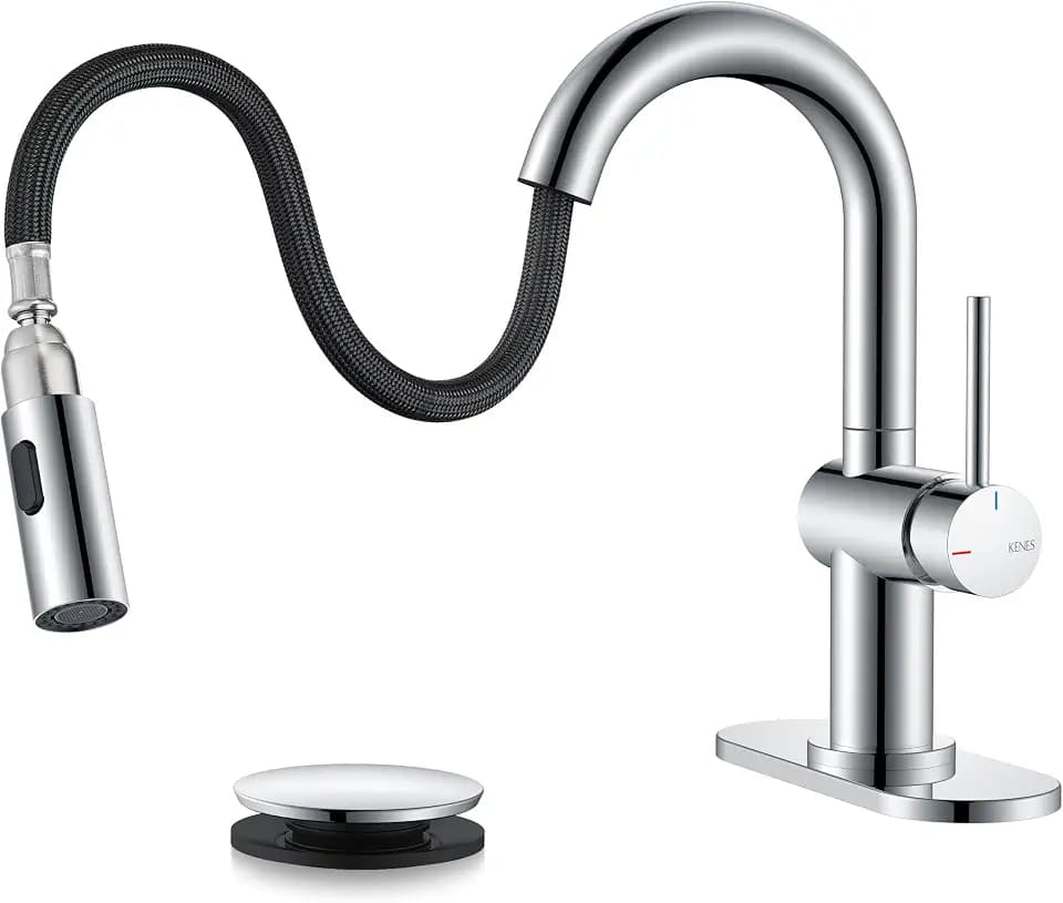 KENES Chrome Single Handle 1 Hole Bathroom Faucet with Pull Down Sprayer