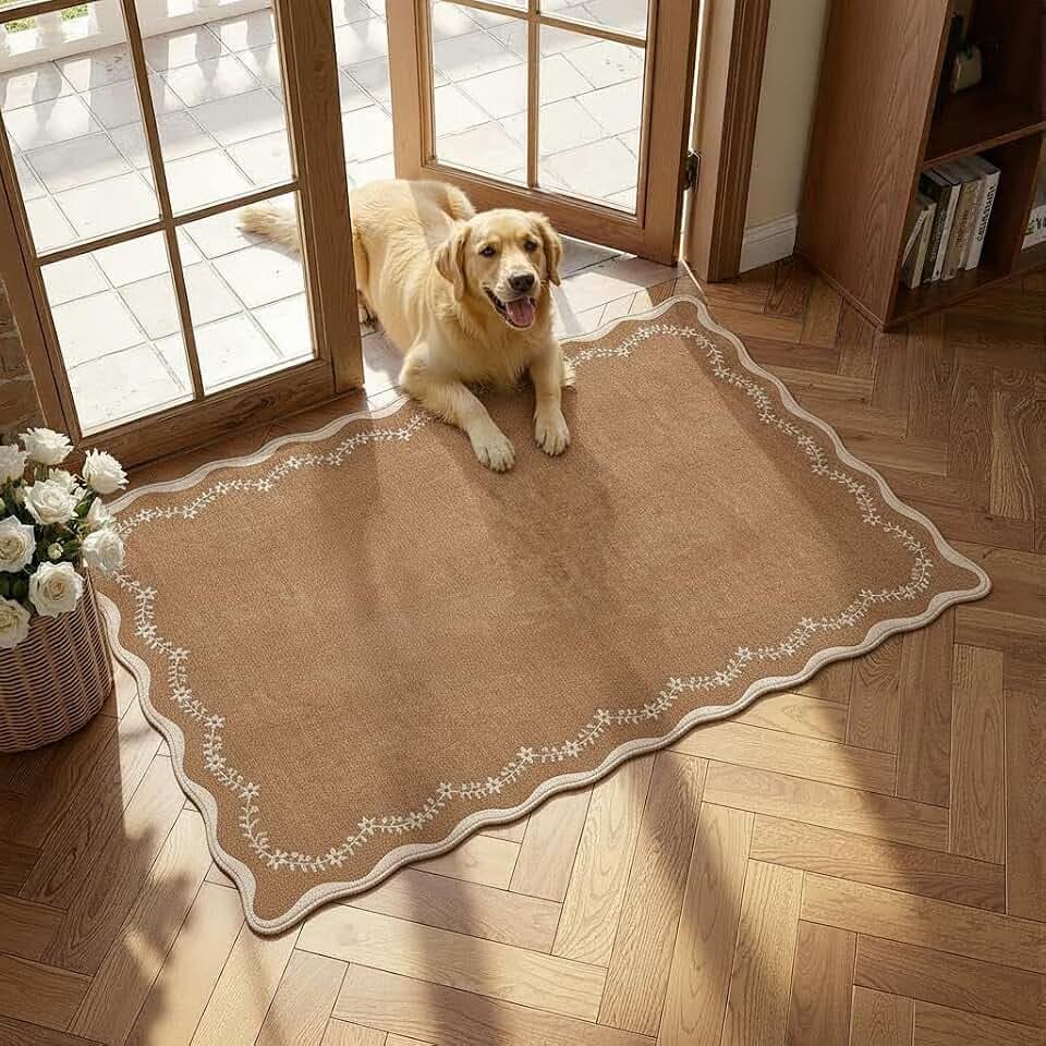 GarveeHome Scalloped Entryway Rug 2x3 Brown Washable Front Door Entry Rug