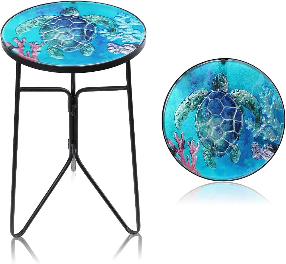 VCUTEKA Outdoor Side Table,14" Sea Turtle Small Round Patio Accent Table