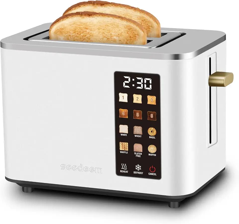 SEEDEEM 2 Slice Toaster with Full Touch Screen, Stainless Steel, 6 Bread Types & 6 Shade Settings, Countdown Display, Removable Crumb Tray, 900W, White