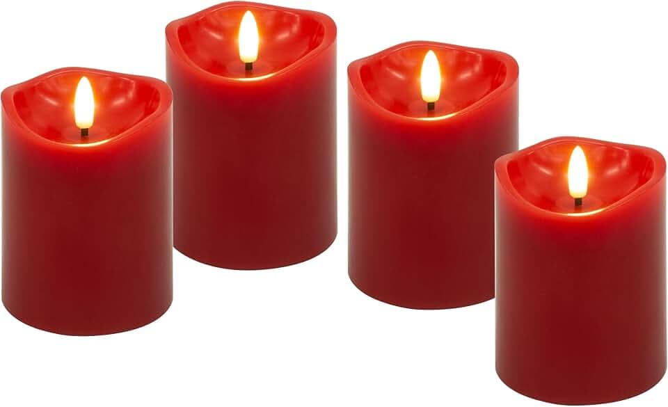 LED-Dekokerzen 4er-Set, Timerfunktion, batteriebetrieben, Kunststoff, Rot
