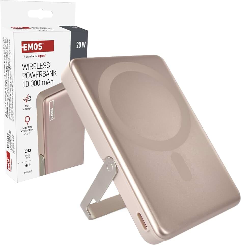 EMOS - Powerbank 10 000 mAh WI 1031 mit Magnet - magnetischer externer Akku mit Passthrough und Wireless-Charging - USB-C-Port inkl. USB-Datenkabel - für iPhone, iPad, Smartphone, Tablet - Rosagold