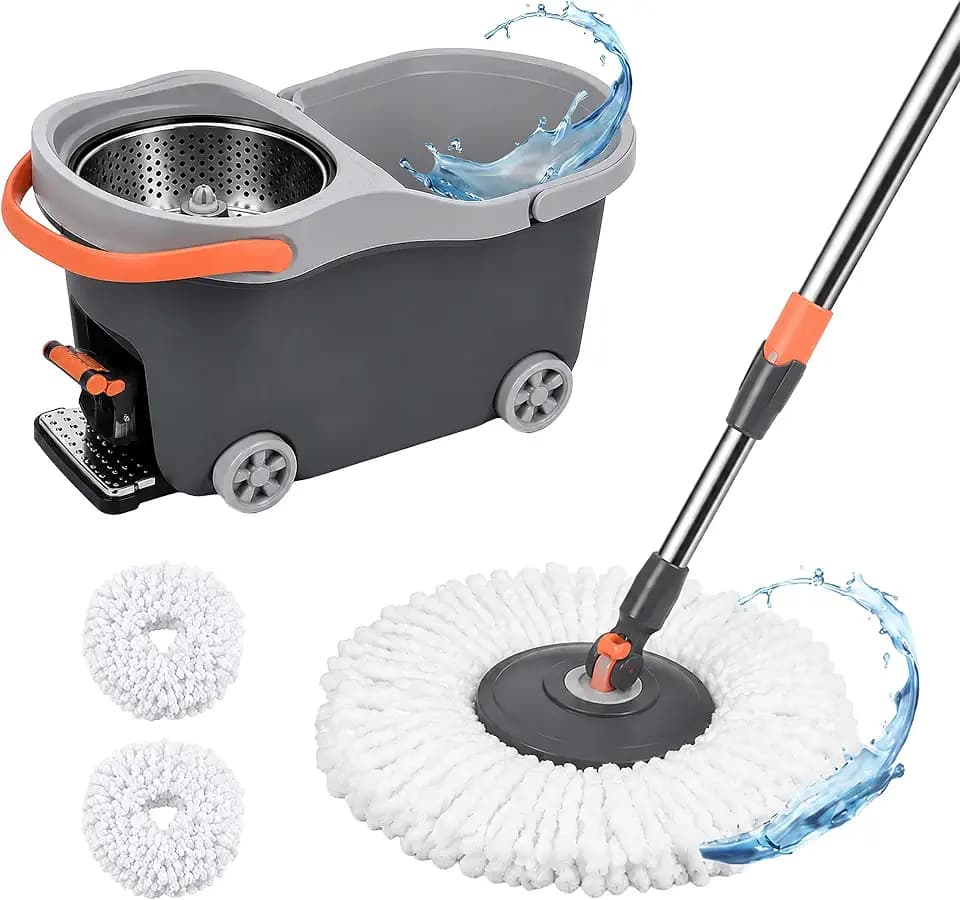 Relaxdays Wischmopp Set, 16L Eimer & Schleuder, Wischwagen mit Pedal, grau