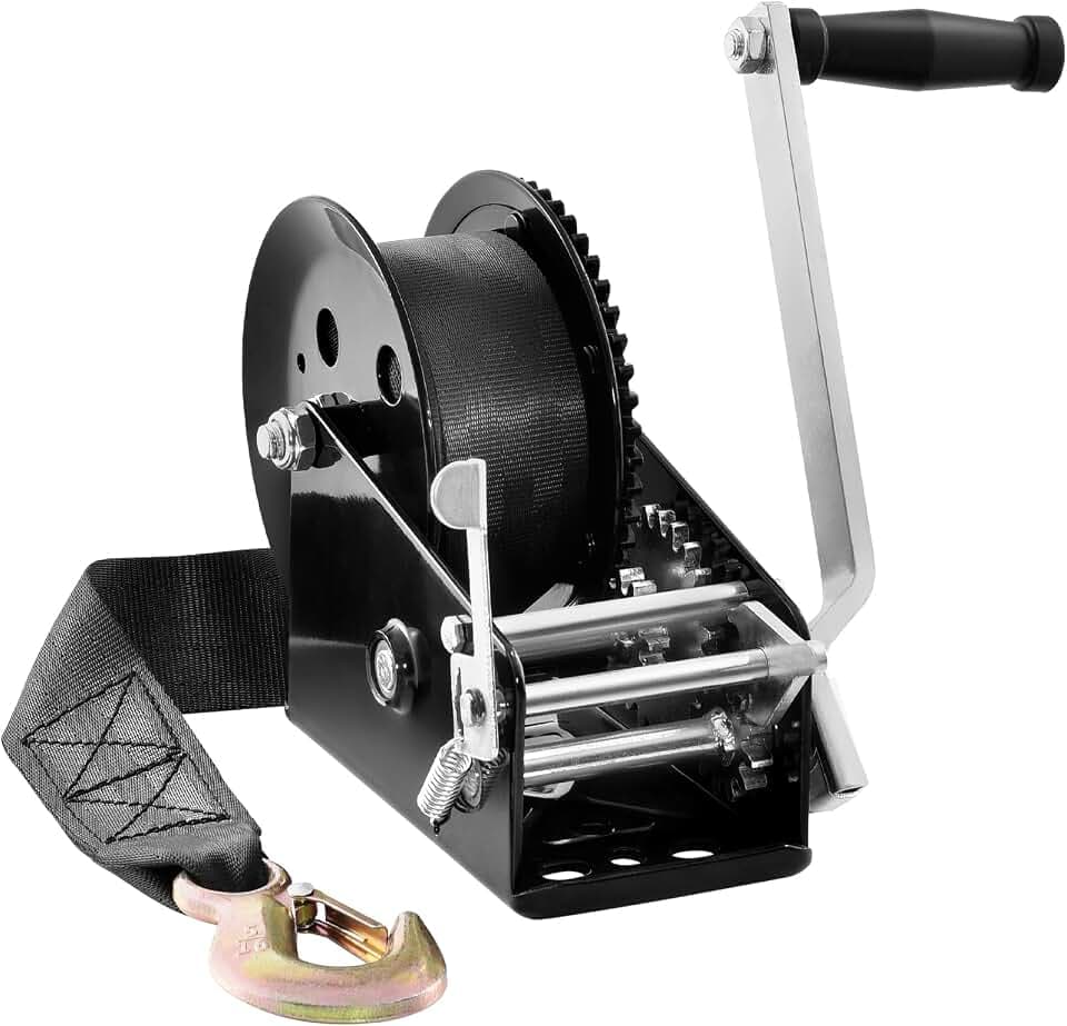 VEVOR Seilwinde 1587,5kg Handseilwinde 160x160x180mm Bootswinde 2-Wege-Ratsche/2-Gang Handwinde mit ca. 10m Polyesterband Gurtwinde mit ergonomischen Griff Handseilzug Winde für Fahrzeuge und Boote