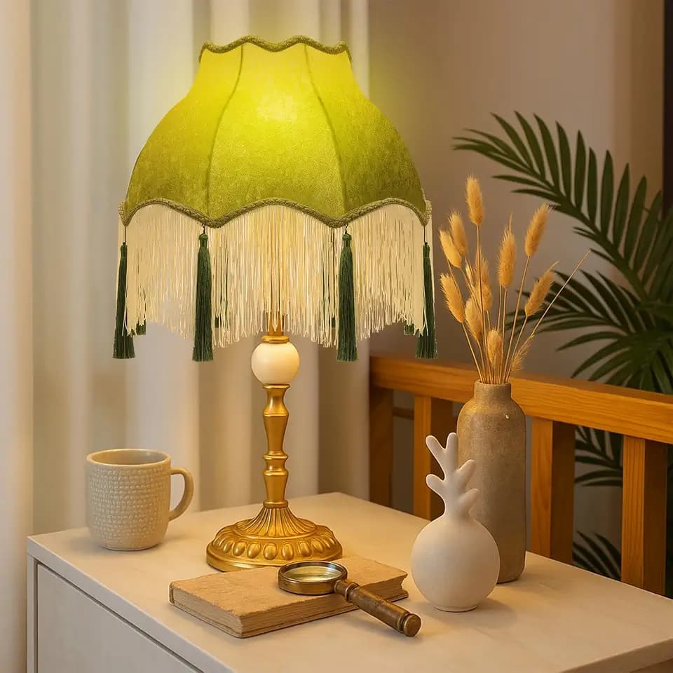 VIHOSE Victorian Scallop Lamp Shade Vintage Large 6" Top x 13" Bottom x 12" High Replacement Lamp Shade with Tassels and Fringe Finial Fitting Bell Shape Scallop Fringe