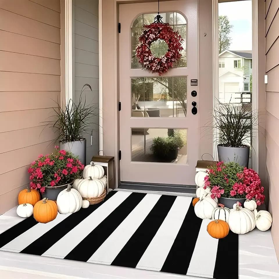 Black and White Striped Outdoor Rug3'x5'Front Porch Rug,Cotton Woven Machine Washable Indoor/Outdoor Small Area Rugs, Layering Rug Door Mats for Front Porch/Entryway/Front Door Decor