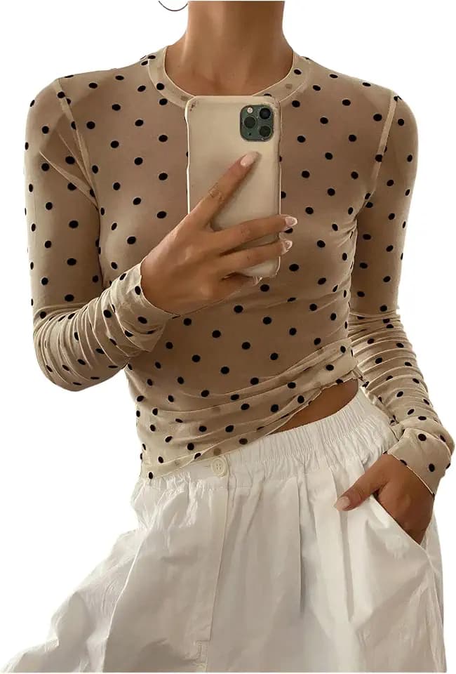 SHENHE Women's Sheer Mesh Polka Light Short Streetwear Loog Sleeve Top