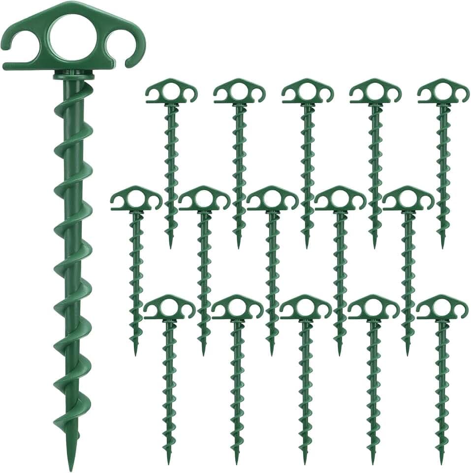 Tent Stakes Ground Anchors Screw in, 16 Pack Sand Stakes for Beach 9.4 Inch Heavy Duty Spiral Tent Pegs for Camping, Party, Hiking, Outdoor Decoration (16, Green)