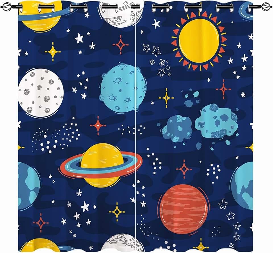 Weltraum Vorhänge Kinder Planet Doodle Ösen Gardinen mit Blickdichte Thermo Vorhang Kälteschutz Blackout Curtain Kinderzimmer Schlafzimmer Verdunkelung Fenster, 2 Stück, H 160 x B 132 cm