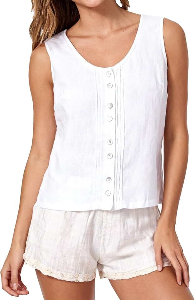 Amazhiyu Damen Bluse aus 100 % Leinen, ärmellos, Sommer-Tank-Top, Rundhalsausschnitt, Knopffalten, Bluse