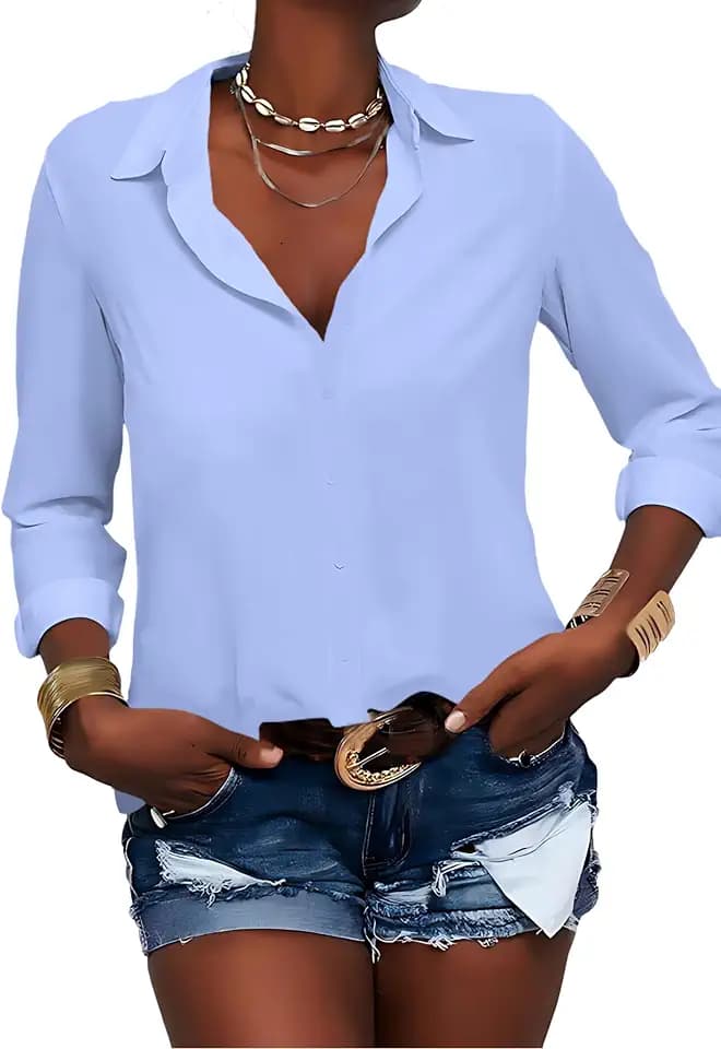 Damen Bluse Elegant V-Ausschnitt Hemd Button-Down Shirt Langarm Chiffon Büro Casual Business Tops