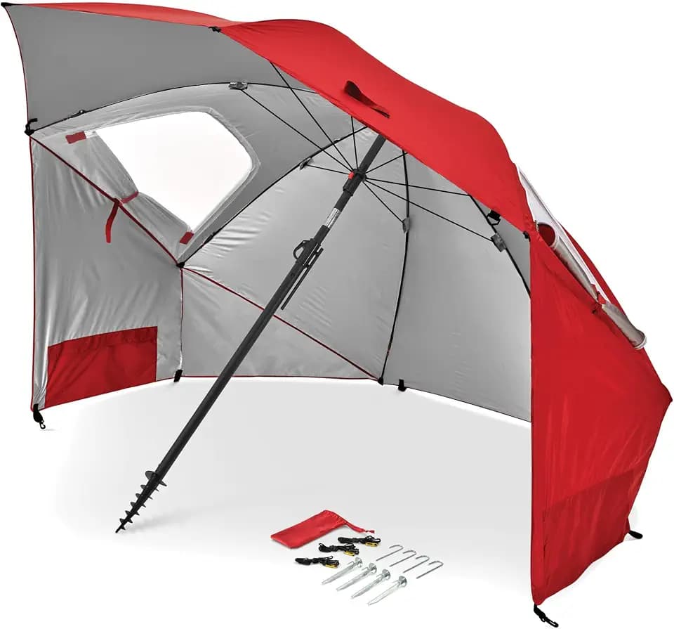 Sport-Brella Premiere UPF 50+ Umbrella Shelter with Patented Side Panels and Tilt Mechanism, Heavy-Duty 1.25 Inch Center Pole, Auger Anchor for Sand and Grass, 8 Foot Canopy, Cherry Red