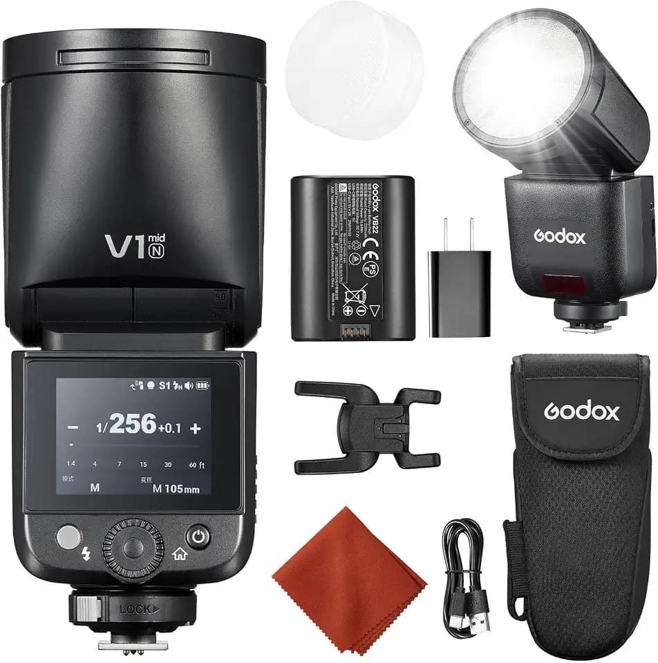 Godox V1 Mid N für Nikon V1 Mid-N Kamera Blitz 55Ws Rundkopf Speedlite TTL Mini Blitz mit Hot Shoe Diffusor 2,4G HSS 1/8000s Farb-Touchdisplay USB-C Akku Reiseblitz für Z6 Z8 ZFC Kompatibel mit AK-R1