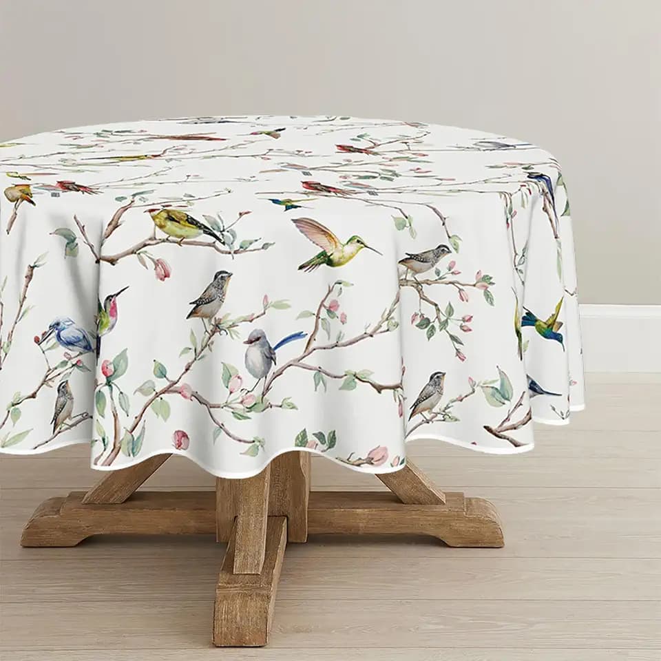 Horaldaily Spring Tablecloth 90 x 90 Inch Round Birds Branch White Floral