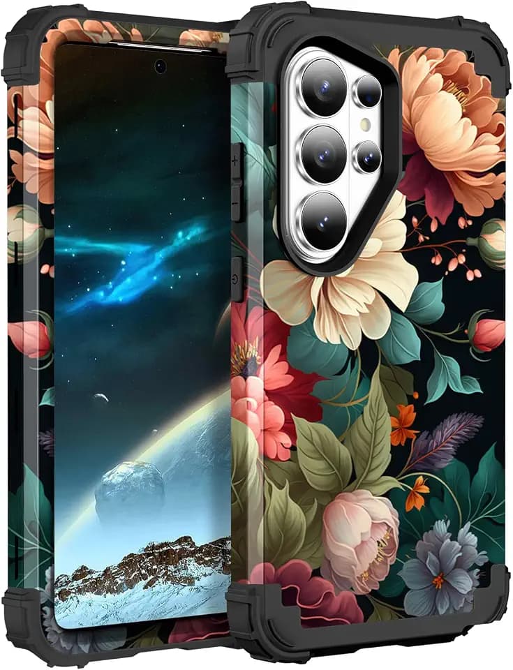 PIXIU Unique Flower Case for Samsung Galaxy S26 Ultra Case, Black Floral