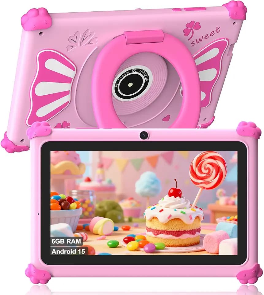 ascrecem Kinder Tablet 7 Zoll Android 15 Tablet Kinder mit 2.4G+5G WiFi6 Penta Core 6GB RAM 32GB ROM Kindertablet Widevine L1 Dual Kamera 128GB Erweiterun Kindersicherung Lernspiele (Rosa)