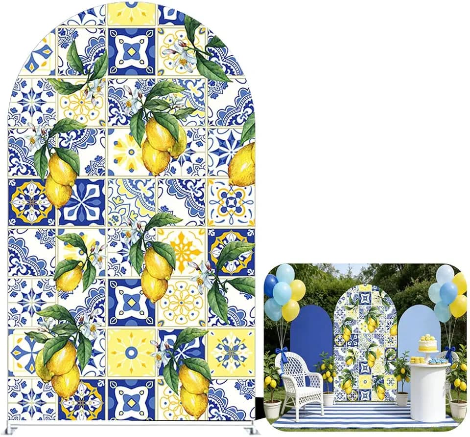 NIVIUS PHOTO Mediterranean Lemon Arch Backdrop Blue & Yellow Tile Party Decor for Indoor/Outdoor Events, Birthday Photo Booth Background (6X2.6FT,GX-1180)