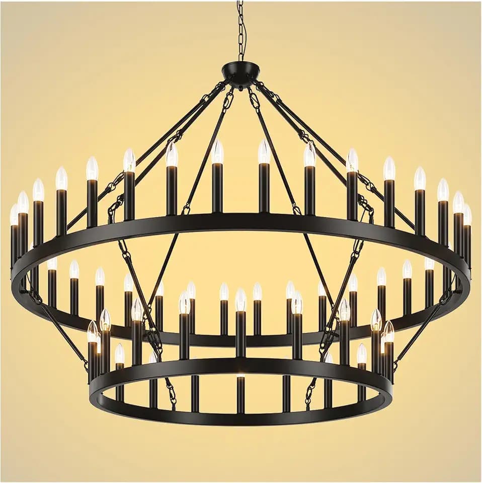2 Tier Black Large Wagon Wheel Chandelier, 54-Lights 60 Inch Farmhouse Pendant Light Fixture, Round Rustic Hanging Lighting for Dining Room Kitchen Island Foyer Entryway