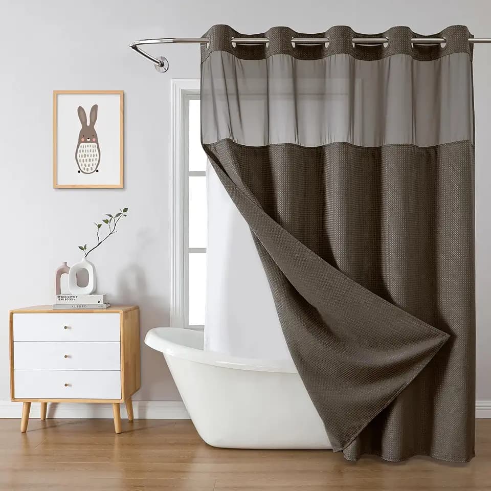 eachope No Hook Waffle Shower Curtain with Snap-in Liner, 71x74 Inch, Brown